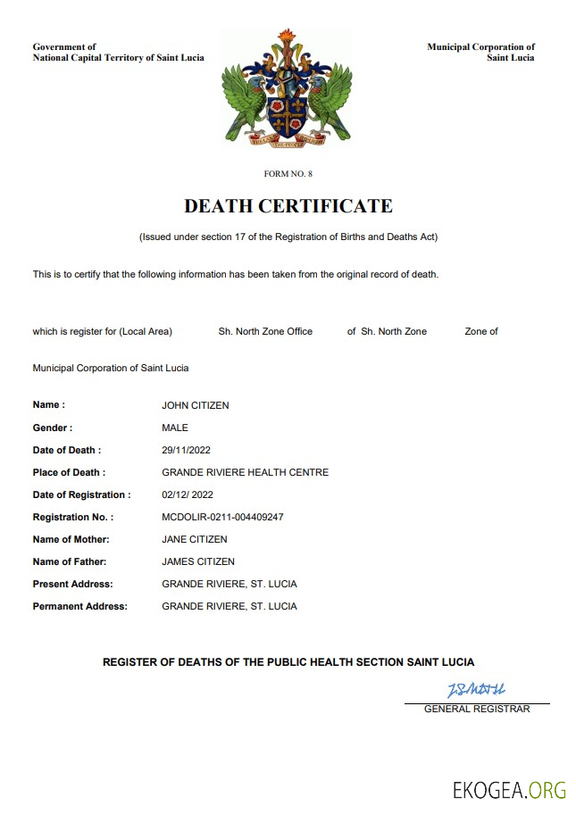 Modèle Word et PDF d'acte de décès de Sainte Lucie